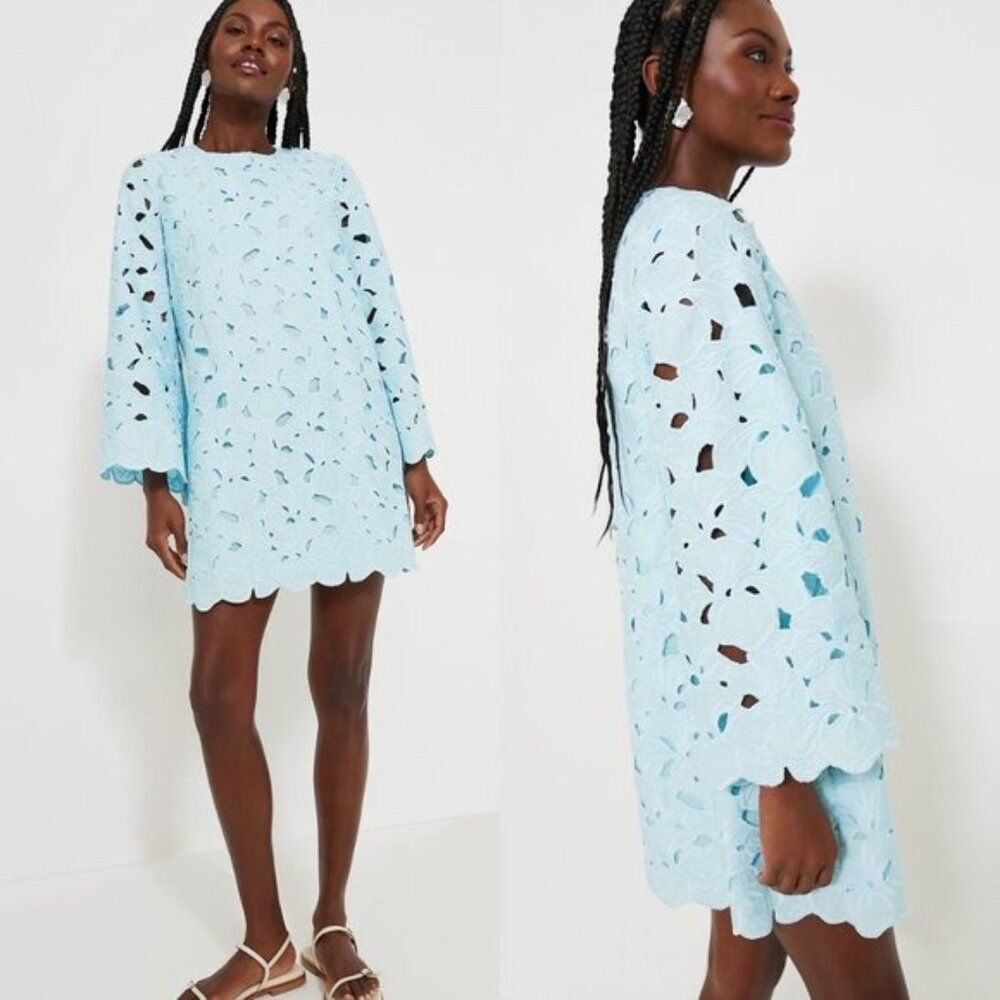 Tuckernuck NEW Aqua Floral Lace Camilla Long Flared Sleeve Mini Dress Size L - Picture 2 of 12